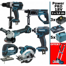 Pack Makita Power PRO 6 outils 18V: DDF458 +DHR202 + DGA504 + DTD152 + DJV180 + DSS610 + 3 batt 5Ah + 5 Coffrets + chariot diabl Pack Makita Power PRO 6 outils 18V: DDF458 +DHR202 + DGA504 + DTD152 + DJV180 + DSS610 + 3 batt 5Ah + 5 Coffrets + chariot diabl