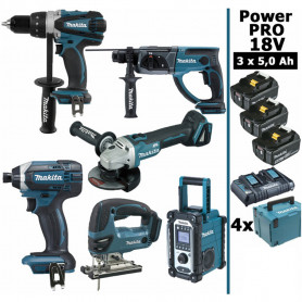 Pack Makita Power PRO 6 outils 18V: DDF458 + DHR202 + DGA504 + DTD152 + DJV180 + DMR108 + 3 batt 5Ah + 4 Coffrets Pack Makita Power PRO 6 outils 18V: DDF458 + DHR202 + DGA504 + DTD152 + DJV180 + DMR108 + 3 batt 5Ah + 4 Coffrets