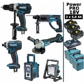 Pack Makita Power PRO 6 outils 18V: DDF458 + DTD152 + DGA504 + DHR202 + DMR108 + Projecteur + 3 batt 5Ah + 3 Coffrets Pack Makita Power PRO 6 outils 18V: DDF458 + DTD152 + DGA504 + DHR202 + DMR108 + Projecteur + 3 batt 5Ah + 3 Coffrets