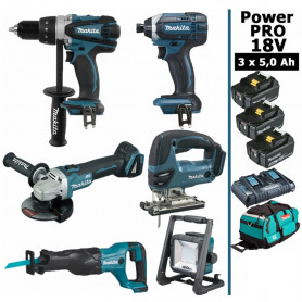 Pack Makita Power PRO 6 outils 18V: DDF458 + DGA504 + DTD152 + DJV180 + DJR186 + Projecteur + 3 batt 5Ah + sac Pack Makita Power PRO 6 outils 18V: DDF458 + DGA504 + DTD152 + DJV180 + DJR186 + Projecteur + 3 batt 5Ah + sac