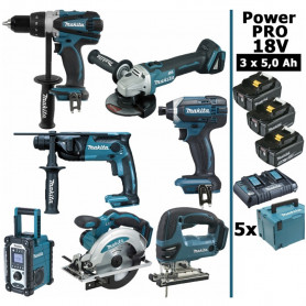 Pack Makita Power PRO 7 outils 18V: DDF458 + DHR202 + DGA504 + DTD152 + DJV180 + DSS610 + DMR108 + 3 batt 5Ah + 5 Coffrets Pack Makita Power PRO 7 outils 18V: DDF458 + DHR202 + DGA504 + DTD152 + DJV180 + DSS610 + DMR108 + 3 batt 5Ah + 5 Coffrets