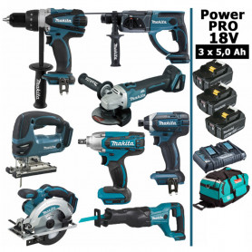 Pack Makita Power PRO 8 outils 18V: DDF458 DHR202 DGA504 DTW190 DTD152 DJV180 DSS610 DJR186 + 3 batt 5Ah + sac Pack Makita Power PRO 8 outils 18V: DDF458 DHR202 DGA504 DTW190 DTD152 DJV180 DSS610 DJR186 + 3 batt 5Ah + sac