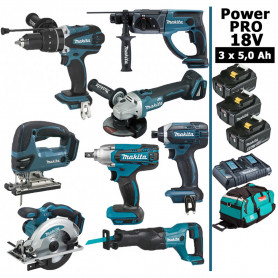 Pack Makita Power PRO 8 outils 18V: Perceuse DHP458 DHR202 DGA504  DTW190 DTD152 DJV180 DSS610 DJR186 3 batt 5Ah sac Pack Makita Power PRO 8 outils 18V: Perceuse DHP458 DHR202 DGA504  DTW190 DTD152 DJV180 DSS610 DJR186 3 batt 5Ah sac