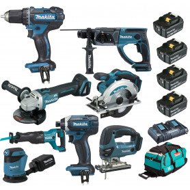 Pack Makita 8 machines 18V 5Ah: DDF482 + DTD152 + DGA504 + DHR202 + DJR186 + DJV180 + DSS610 + DBO180 + 4 batteries + sac Pack Makita 8 machines 18V 5Ah: DDF482 + DTD152 + DGA504 + DHR202 + DJR186 + DJV180 + DSS610 + DBO180 + 4 batteries + sac