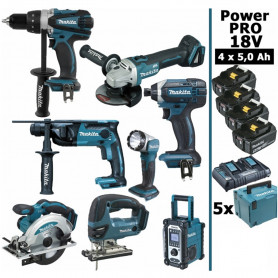 Pack Makita Power PRO 8 outils 18V: DDF458 DHR202 DGA504 DTD152 DJV180 DSS610 DMR108 DEADML802 4 batt 5Ah 5 Coffrets Pack Makita Power PRO 8 outils 18V: DDF458 DHR202 DGA504 DTD152 DJV180 DSS610 DMR108 DEADML802 4 batt 5Ah 5 Coffrets