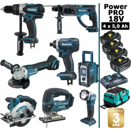 Pack Makita Power PRO 8 outils 18V: DDF458 DHR202 DGA504 DTD152 DJV180 DSS610 DMR107 Lampe DEADML805 4 batt 5Ah 5 Coffrets