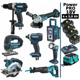 Pack Power PRO 8 outils 18V: DDF458 + DGA504 + DTD152 + DJV180 + DSS610 + DJR186 + DMR108 + DEADML802 + 4 batt 5Ah + sac Pack Power PRO 8 outils 18V: DDF458 + DGA504 + DTD152 + DJV180 + DSS610 + DJR186 + DMR108 + DEADML802 + 4 batt 5Ah + sac