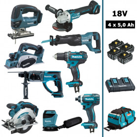 Pack Makita 9 machines 18V 5Ah: DDF482 + DTD152 + DGA504 + DHR202 + DJR186 + DJV180 + DSS610 +DBO180+DKP180+4 batteries+sac Pack Makita 9 machines 18V 5Ah: DDF482 + DTD152 + DGA504 + DHR202 + DJR186 + DJV180 + DSS610 +DBO180+DKP180+4 batteries+sac