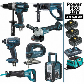 Pack Makita Power PRO 7 outils 18V: DDF458 + DHR202 + DTD152 + DGA504 + DJV180 + DJR186 + DMR108N + 3 batt 5Ah + sac Pack Makita Power PRO 7 outils 18V: DDF458 + DHR202 + DTD152 + DGA504 + DJV180 + DJR186 + DMR108N + 3 batt 5Ah + sac
